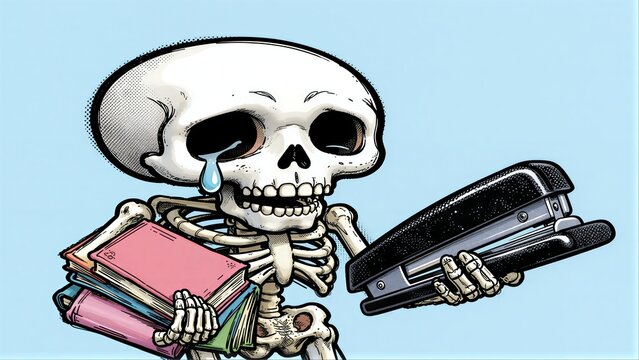 Skeleton holds books and stapler, crying over academic stress.
