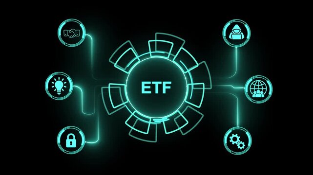 Futuristic Digital Network with ETF Center and Six Connected Icons exchange traded fund finance