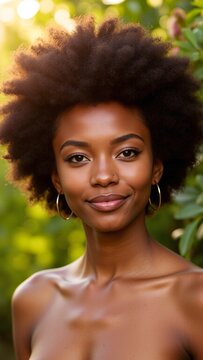 Beautiful young woman with natural afro hair and dewy skin under golden sunlight