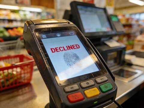A declined payment transaction at a grocery store checkout counter, featuring a red shopping basket, a plastic and metal payment