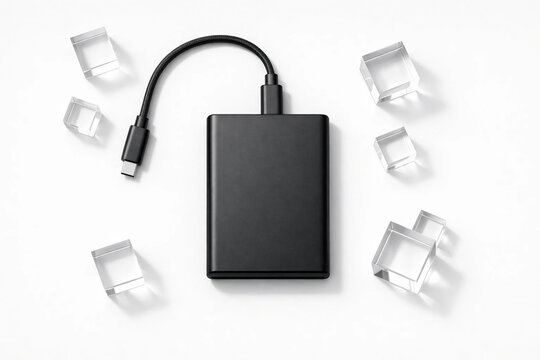 Black external hard drive with ice cubes