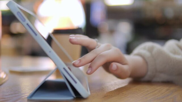 Child uses tablet in cozy cafe setting. Fingers tap screen with focus. Warm light glows softly around. Ideal for tech, education, or lifestyle content