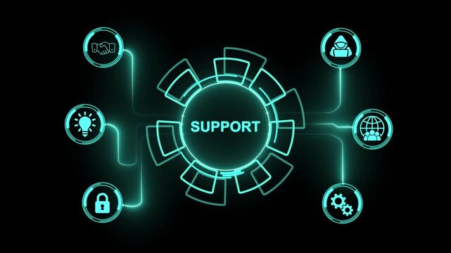 Futuristic Neon Support Concept with Icons on Black Background help service