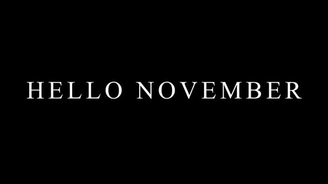 Minimalist Hello November Greeting with White Serif Font on Dark Background for Autumn Video Projects and Seasonal Blogs