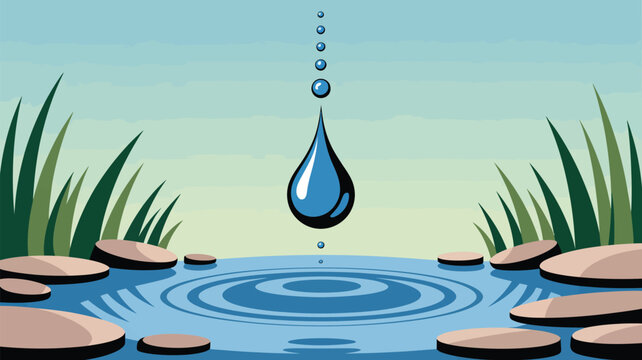 Tear shaped water drop splashes into a tranquil pond surrounded by stones