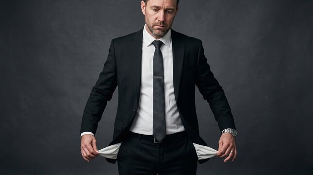 Disappointed businessman in a black suit showing his empty pockets
