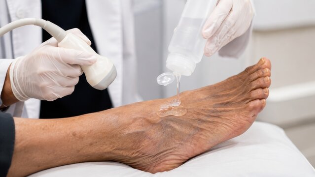 Foot Ultrasound Scan Elderly Doctor Pouring Gel on Aged Veiny Foot Before Probe Examination in Medical Clinic Close-Up