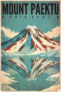 Snowy Mount Paektu Landscape: Vintage Travel Poster of North Korea's Scenic Summit and Lake Reflection