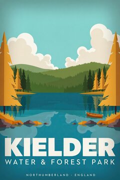Vintage Illustration of Kielder Water Forest Park: Scenic Northumberland Landscape Ideal for Outdoor Adventure and Relaxation