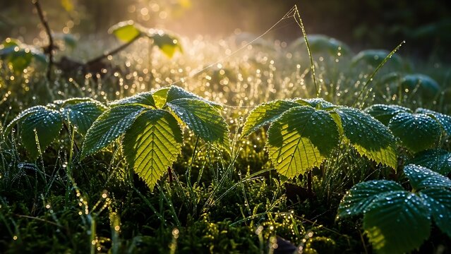 Sunlit dew drops on green forest leaves.