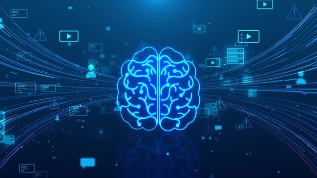 Blue AI content network visual glowing brain outline, media icons, alert symbols, flowing digital signals. online learning, automation explainers, app promos, cyber awareness, and motion graphics.