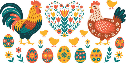 Easter Folk Art Vector Set with Rooster Hen Little Chicks Decorated Eggs and Floral Heart Motif in Traditional Scandinavian Polish Style © Ismail