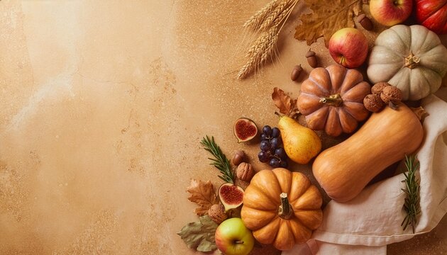Top view flat lay of autumn harvest frame. Assorted pumpkins, squash, apples, figs, grapes, nuts, and wheat on a rustic textured background with generous copy space for seasonal text.