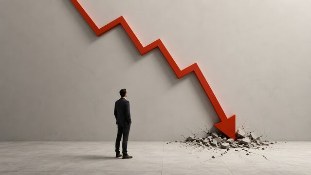 Businessman looking at crashing red arrow showing financial crisis
