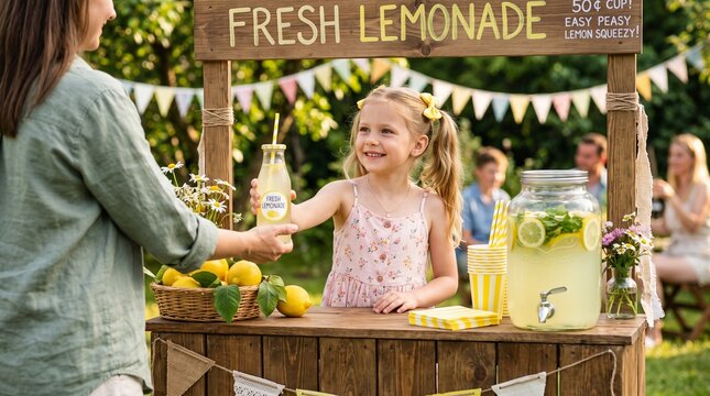 Commercial summer lifestyle photography of a cute young girl running a homemade wooden lemonade stand, handing a cold drink bottle to a customer outdoors &ndash; small business stock photo, summer beverage 