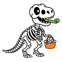 Trex dinosaur skeleton cartoon holding halloween treat basket with party blower. © Shimanta