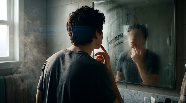 Young Man Examining Pimple on His Face in a Steamy Bathroom Mirror