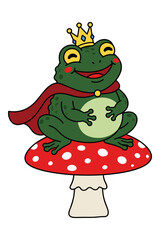 Cute cartoon king frog sitting on a red mushroom wearing a crown and cape.
