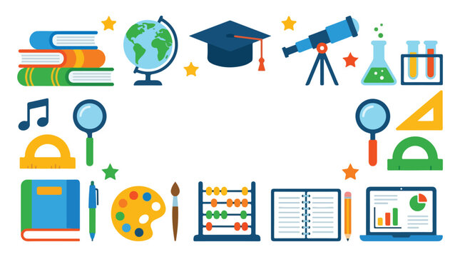 A vibrant vector frame featuring diverse educational icons like books, science tools, art supplies, and tech, ideal for school-themed designs.