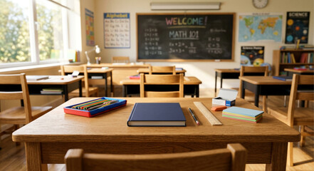 Obraz premium Elementary school classroom interior with wooden desks, chalkboard with math equations, world map and educational posters, academic learning environment