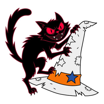 Mischievous black cat with red glowing eyes on torn witch hat for halloween.