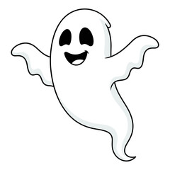 Naklejka premium Cartoon ghost smiling and flying vector illustration for halloween with spooky black eyes and mouth isolated.