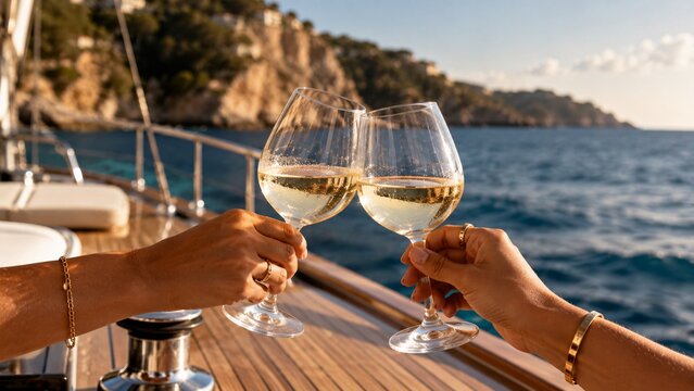 Two hands clinking glasses of white wine on a luxury yacht deck overlooking the sea