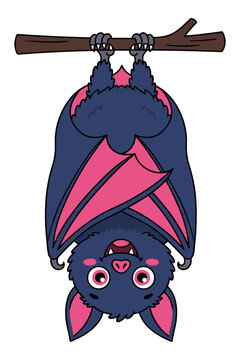 Cute cartoon bat hanging upside down on tree branch.