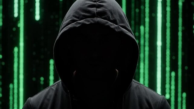 Anonymous computer hacker in black hoodie standing against green matrix binary digital code rain