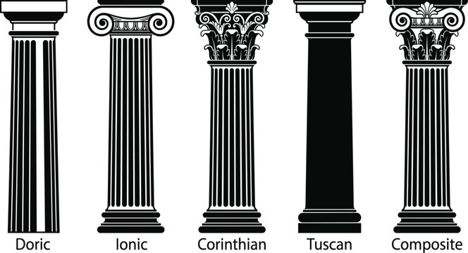 Classic Architectural Column Styles: Doric, Ionic, Corinthian, Tuscan, and Composite - Vector Illustration of Greek and Roman Orders
