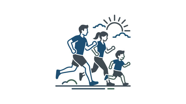 Family Running Together In Morning Sun.