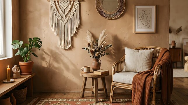 Cozy bohemian living room interior design.