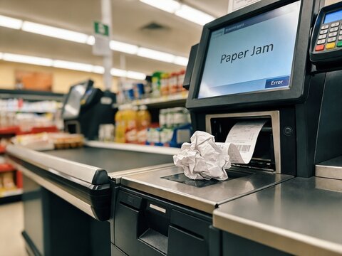 Cash register with paper jam error message displayed, in supermarket checkout area, with cash register, crumpled receipt, scanned barcode, from