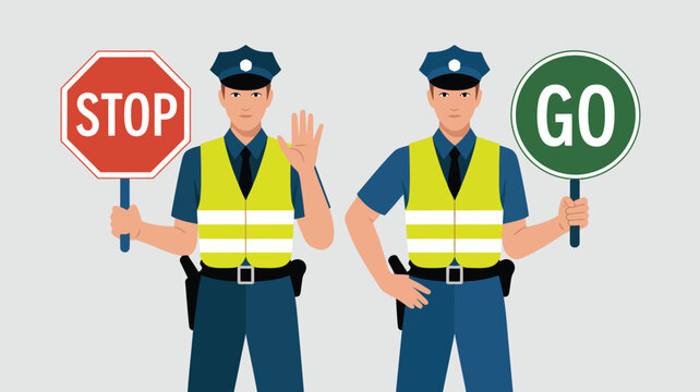 Two police officers holding stop and go signs directing traffic