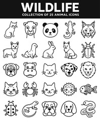 Fototapeta premium Wildlife animal outline icons. Set of 25 vector graphic symbols for nature and pet design.