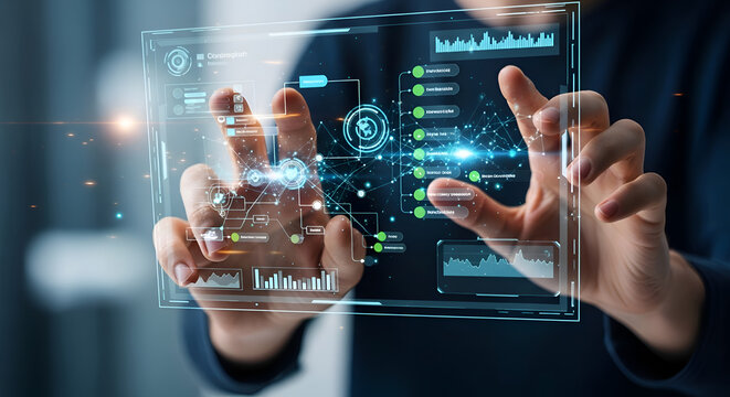 Futuristic holographic interface displaying data analytics and network connections with hand interaction