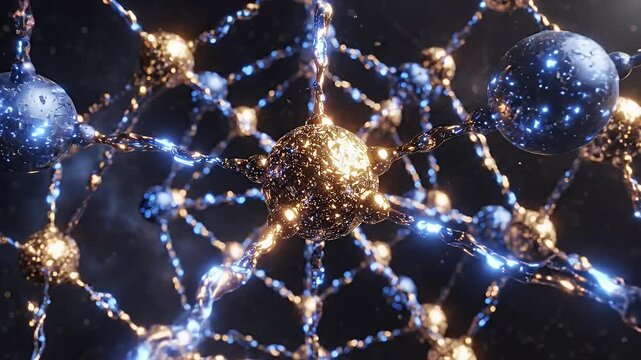 Complex cosmic network of blue and gold glowing nodes interconnected in a deep space environment.