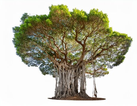 majestic banyan tree with sprawling aerial roots and twisted trunk stands tall against a pristine transparent isolated background