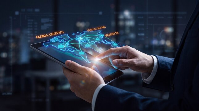 Executive interacting with holographic global supply chain map on tablet in modern office at night