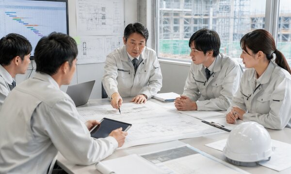 建築設計図を囲んでプロジェクトの打ち合わせを行う設計者チーム