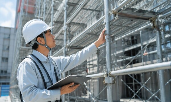 足場を点検し安全確認を行う建設現場の現場監督
