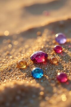 Close-up of glittering sand with embedded gems , texture, details, faceted