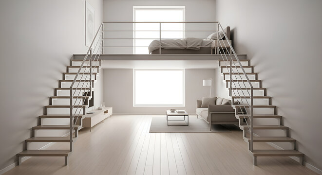 Modern loft apartment interior with open-plan living area and mezzanine bedroom with stairs