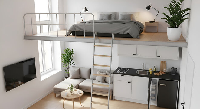 Modern loft apartment studio with mezzanine bedroom compact kitchen and living area