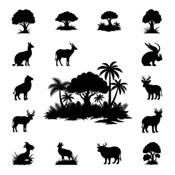 Black silhouette animals in natural habitat scene.