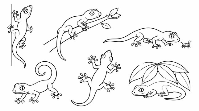 Set of cute gecko lizard illustrations in various poses