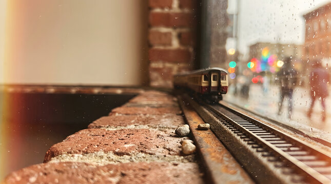 Model train railroad track brick wall rainy window city street miniature close up bokeh urban toy, miniature model train running beside railroad track along brick wall near rainy window with city