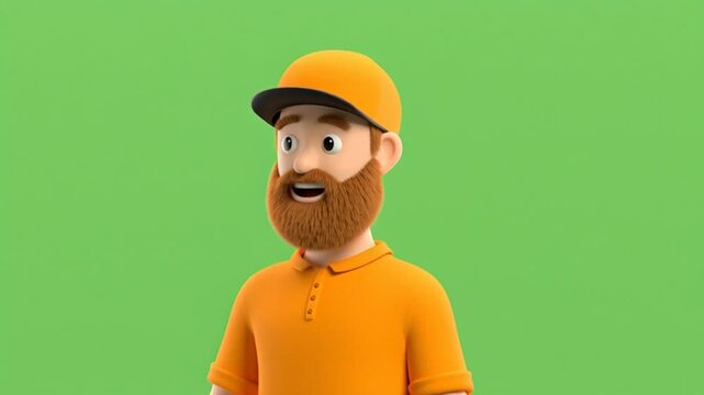 A 3D cartoon man is waving. He is wearing a plain orange T-shirt and an orange hat, and has a reddish-brown beard. He has a friendly, kind face. A video with a friendly greeting theme.4k
