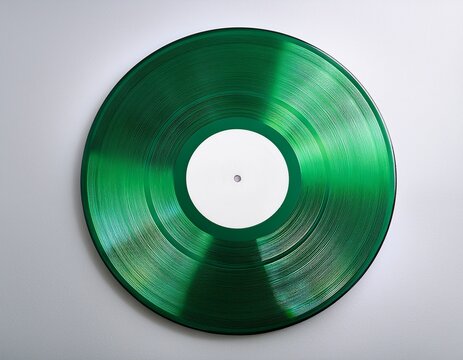 a vibrant green vinyl record with a white label sits on a stark white background