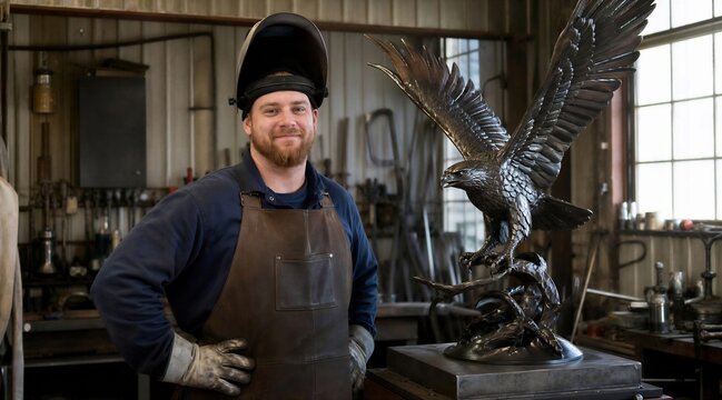 Welder with Eagle Sculpture in Workshop
